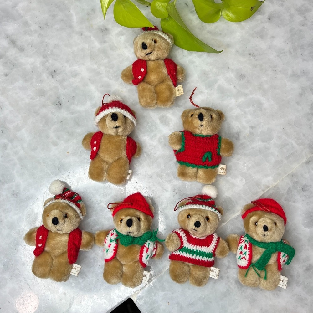 Russ Berrie Christmas Bear Lot 7 Knit Sweater Plush Ornaments Vintage 1980s Holi